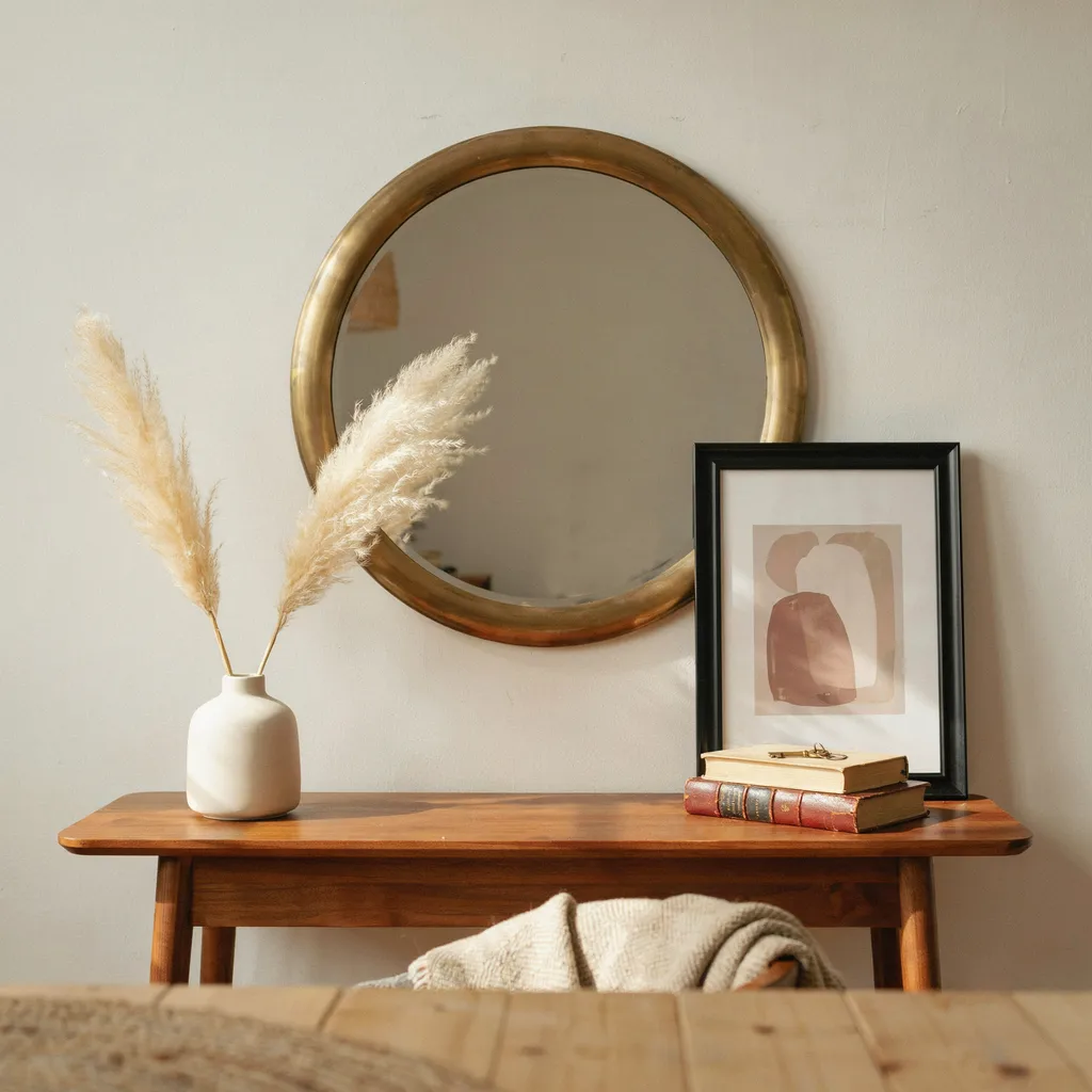 Layered brass mirror and black frame on console table