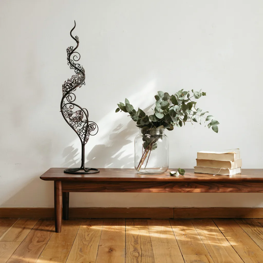 Antique black wrought iron sculpture on walnut console table entryway