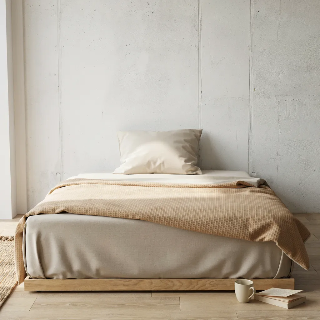 Washed linen fitted sheet in warm sand on twin XL dorm bed paired with oat waffle duvet and cream Euro pillow
