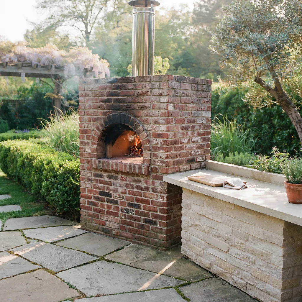 Floor-to-ceiling reclaimed brick pizza oven enclosure with stainless steel chimney in outdoor kitchen