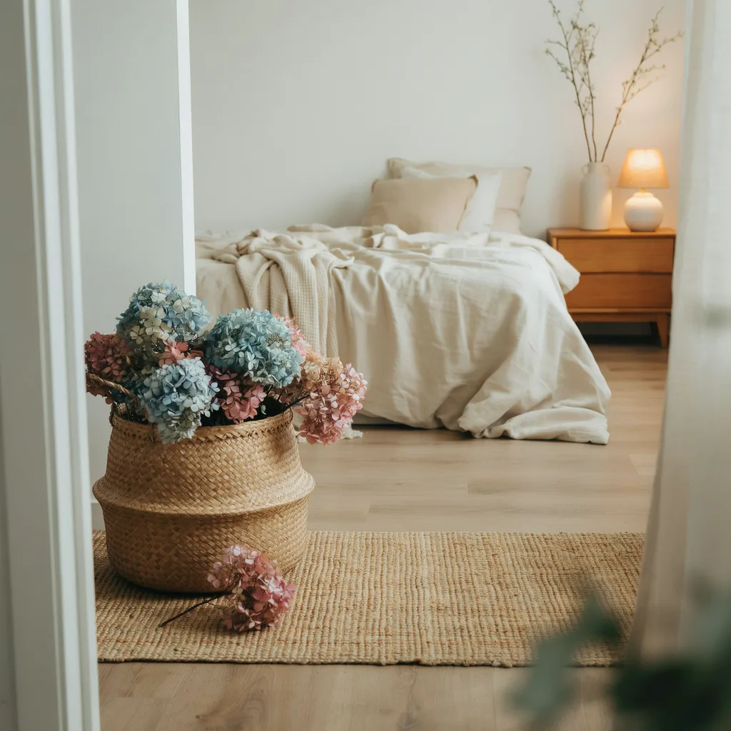 blue dried hydrangeas in woven rattan basket bedroom corner