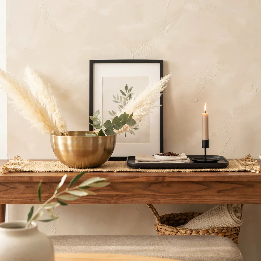 Brass and matte black finish combination on console table