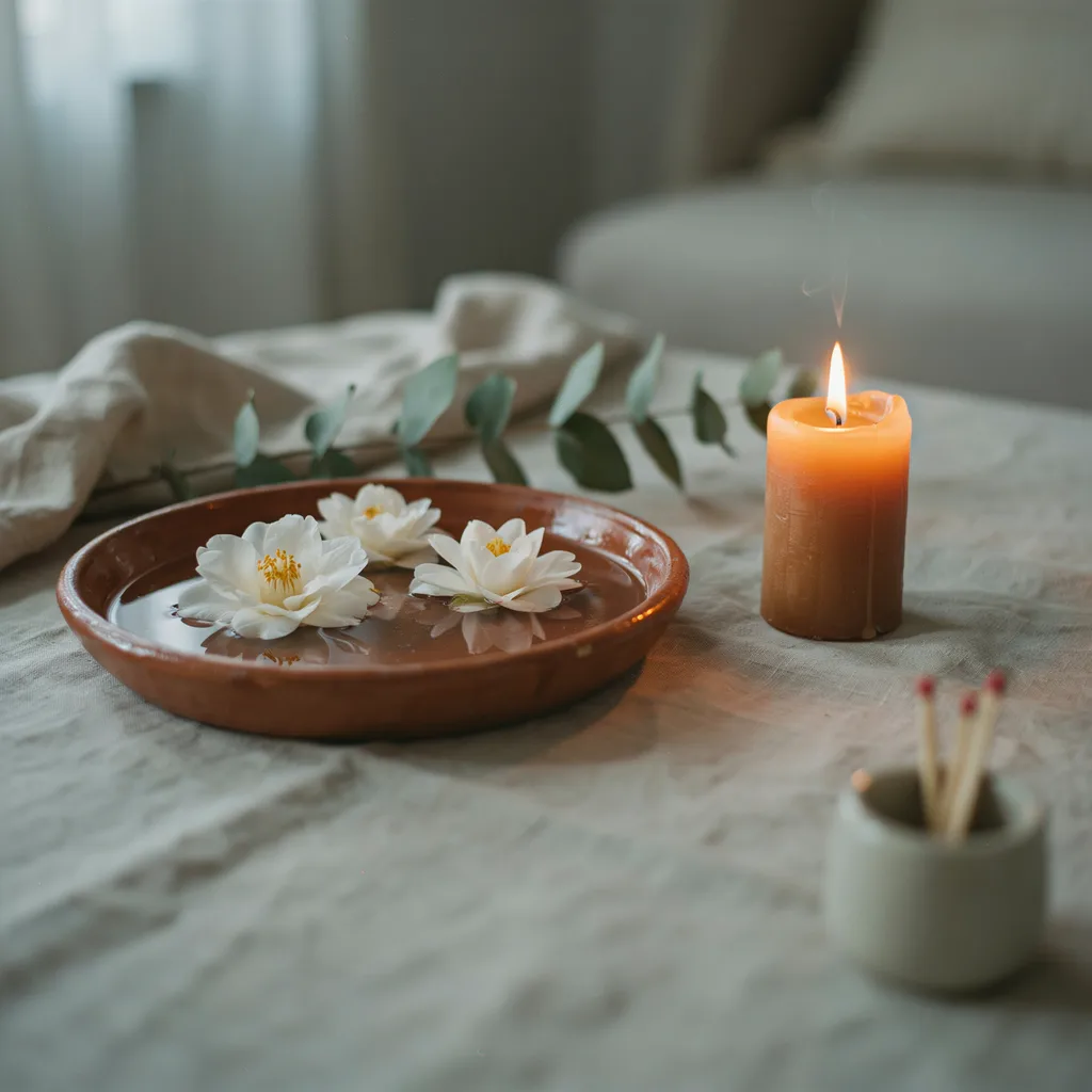 white camellia blossoms floating in terracotta bowl beside candle