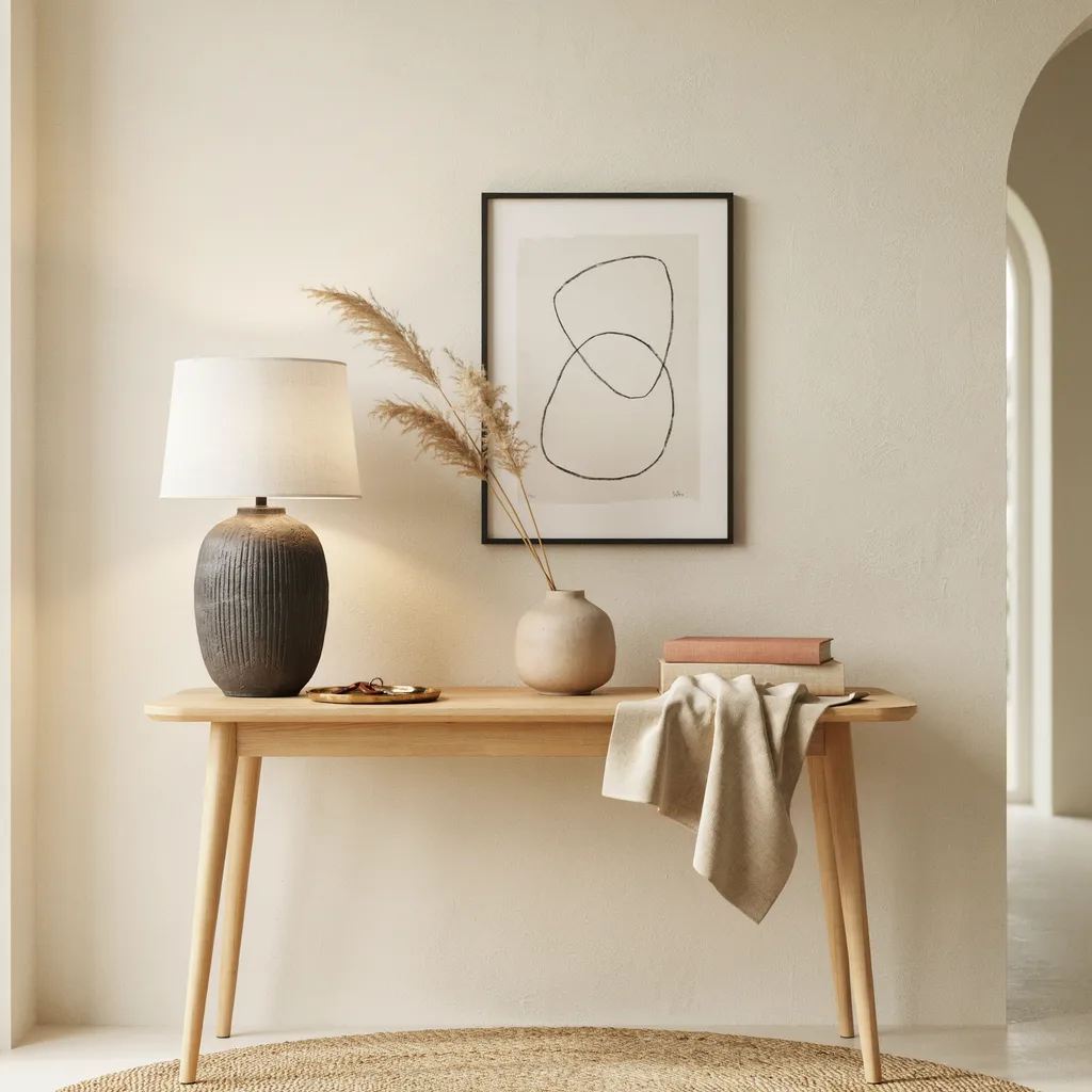 Oversized ceramic base lamp on console table