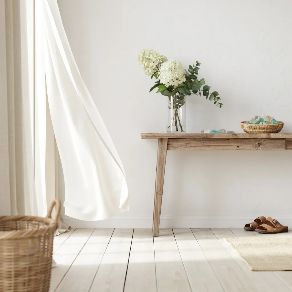 coastal driftwood console table with white hydrangeas and sea glass entryway