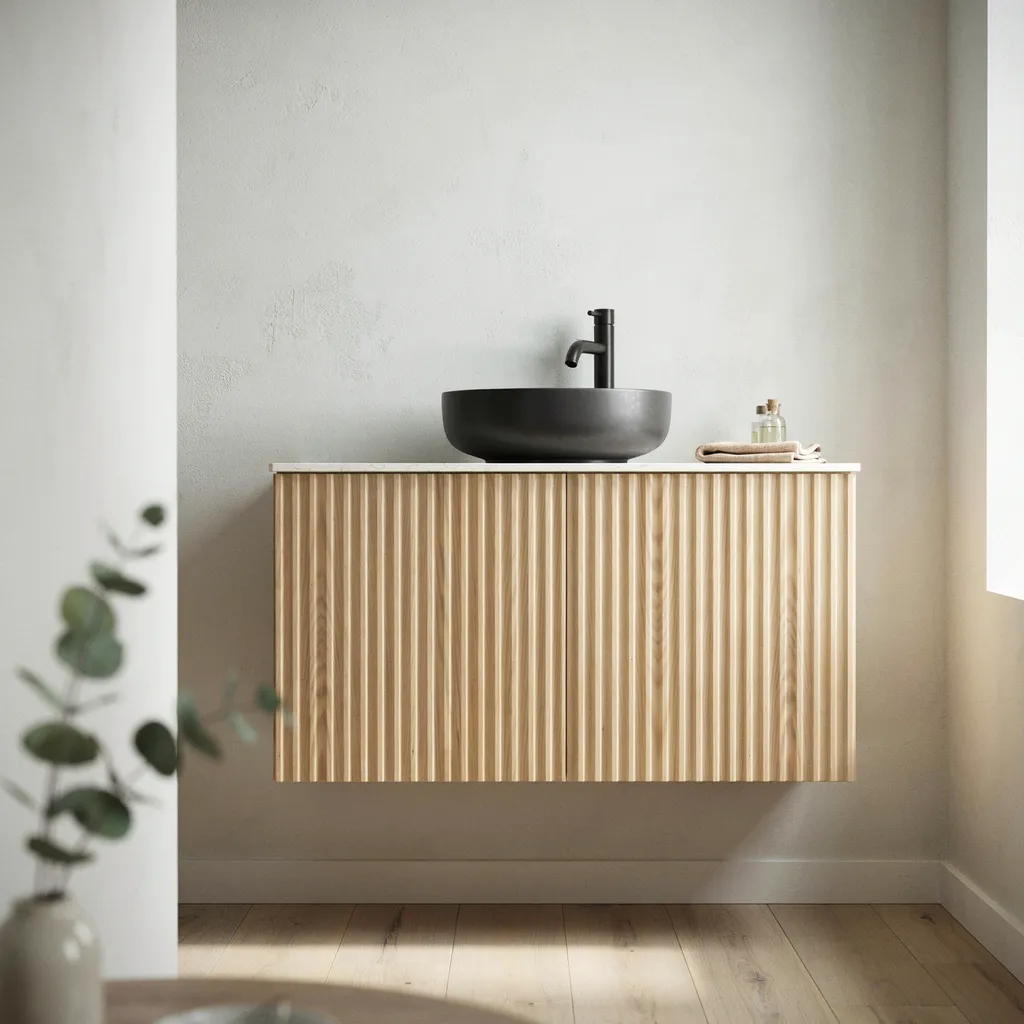 Fluted white oak floating vanity with white quartz counter in a stylish modern home bathroom
