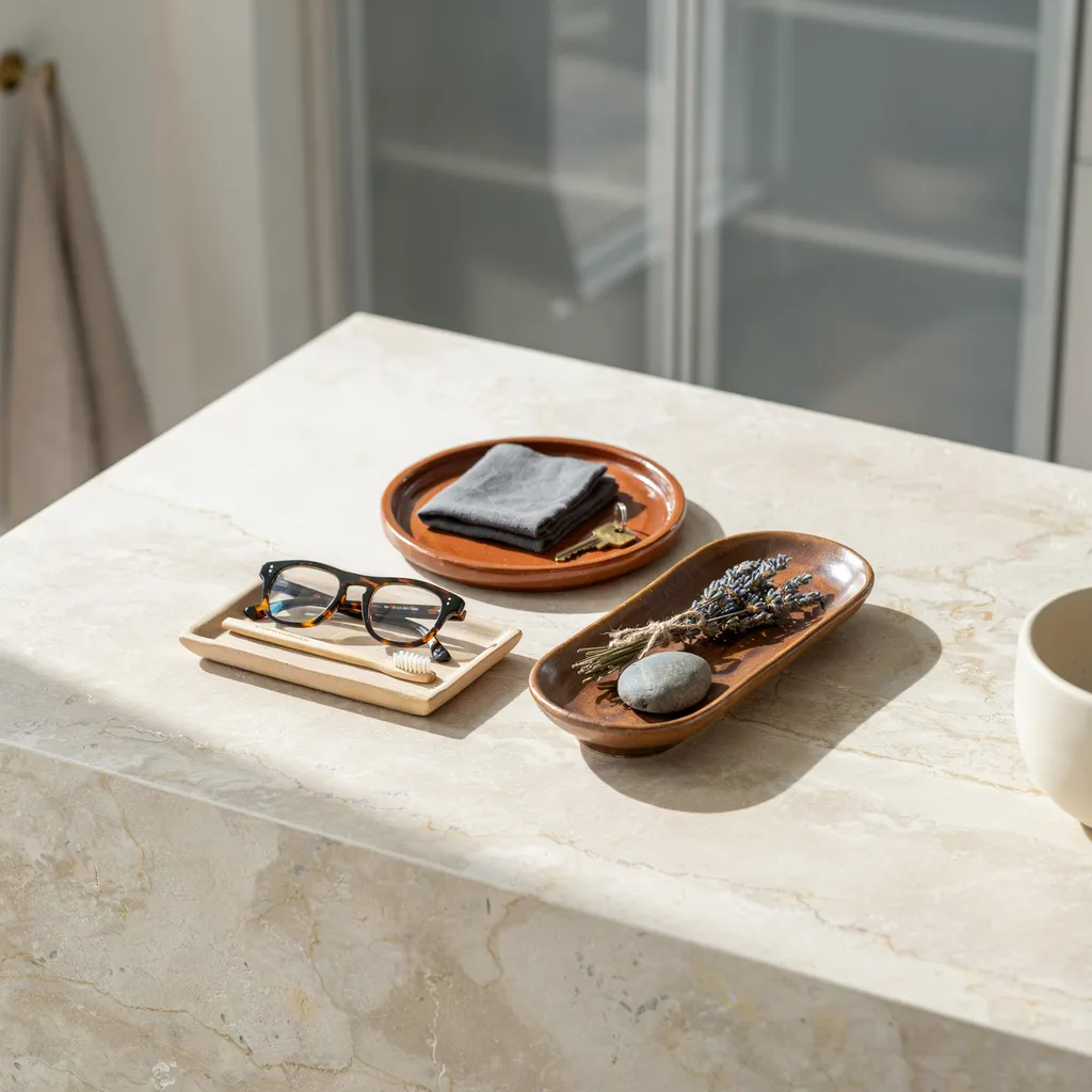 Three mismatched clay trays grouped on a counter