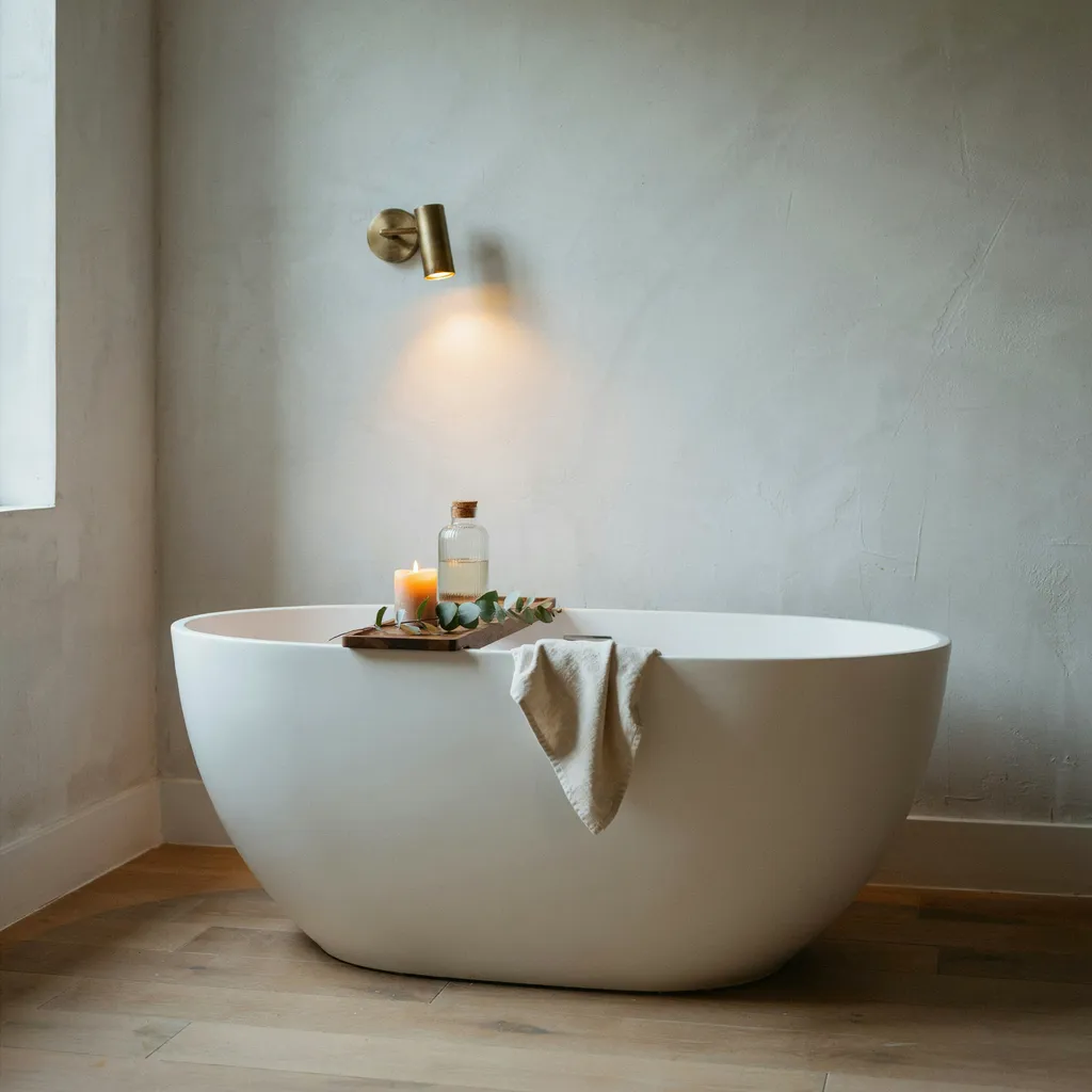 Brass wall sconce beside a freestanding bathtub