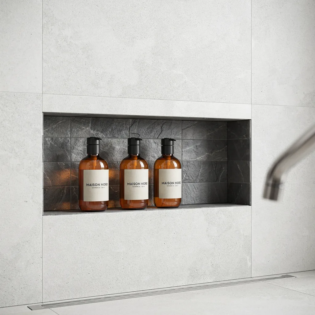 Recessed horizontal shower wall niche lined with dark slate tile holding amber bottles