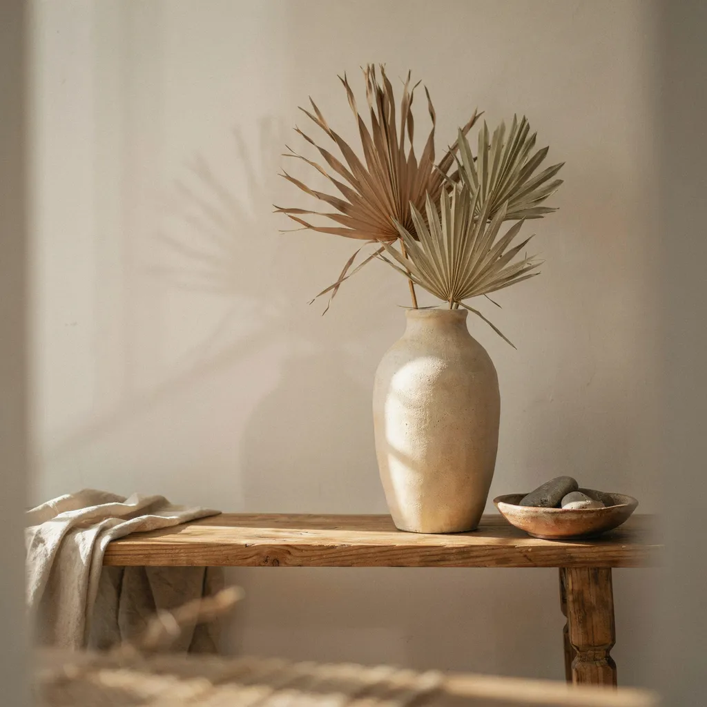 Stoneware jug with dried branches on console table