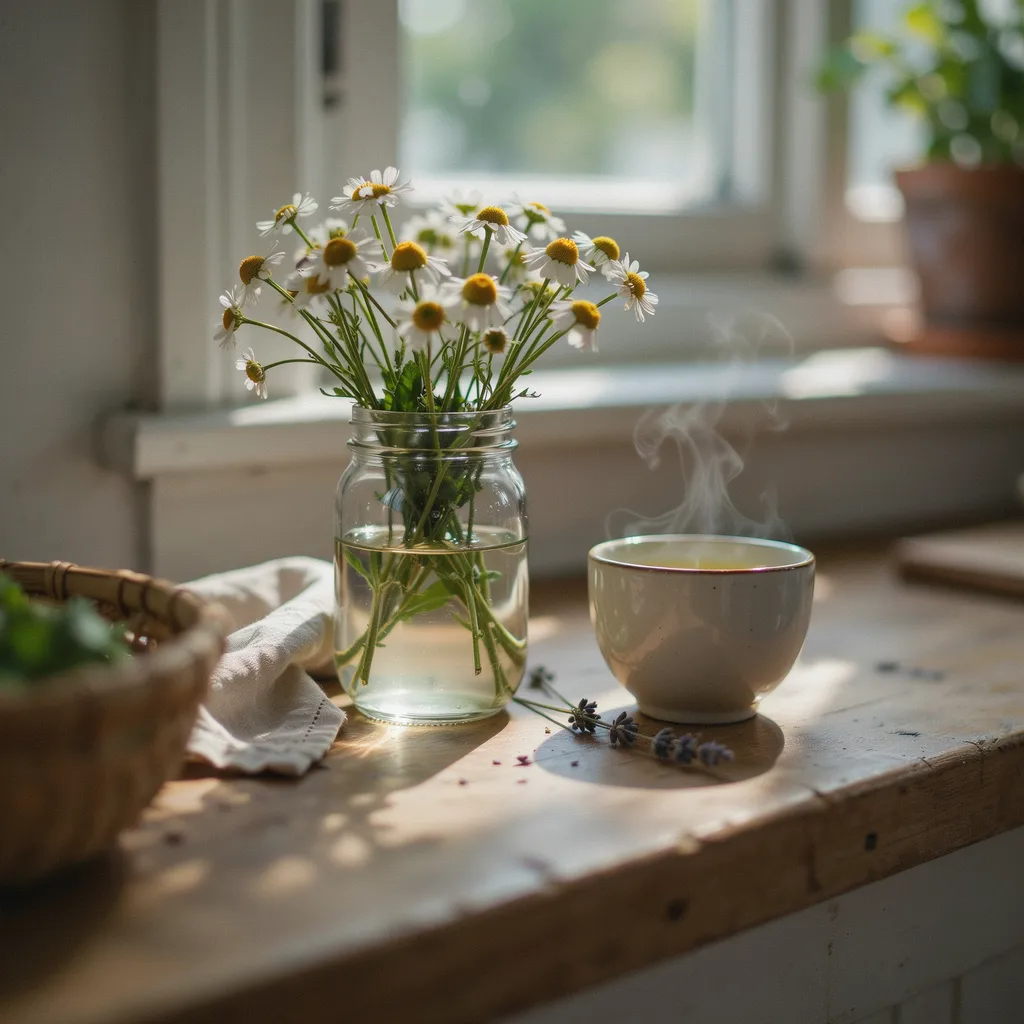 Chamomile flowers in mason jar cottagecore decor