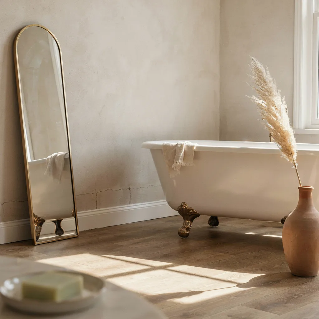 Arched brass mirror leaning beside a bathtub