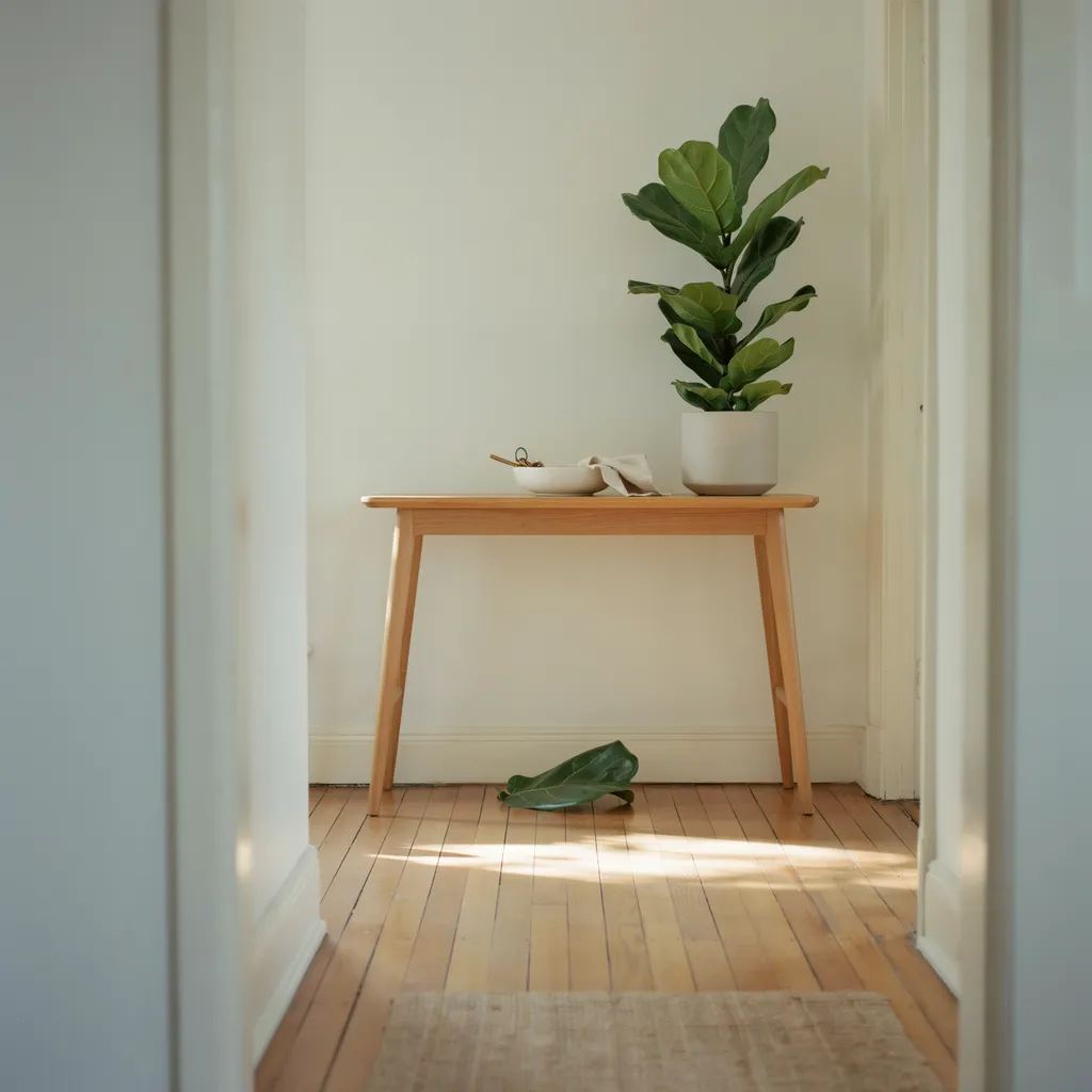 minimalist oak console table with fiddle leaf fig and ceramic bowl entryway