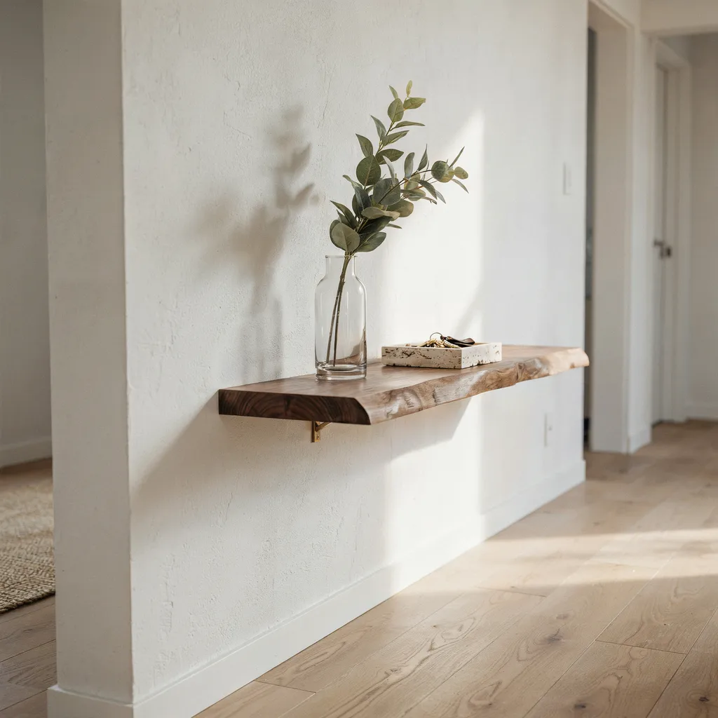 Live-edge walnut console table in bright entryway with eucalyptus stem decor
