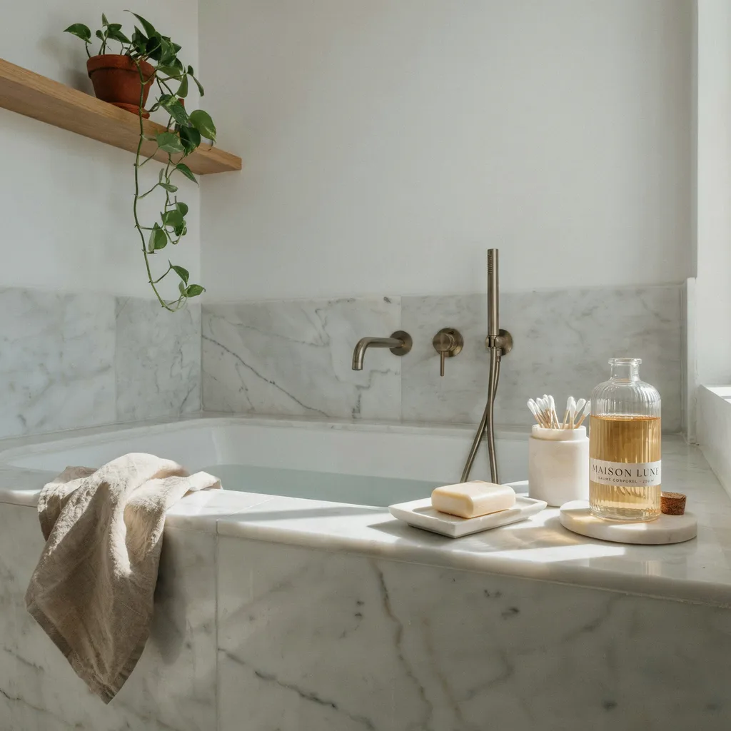 Honed marble accessories on a tub ledge