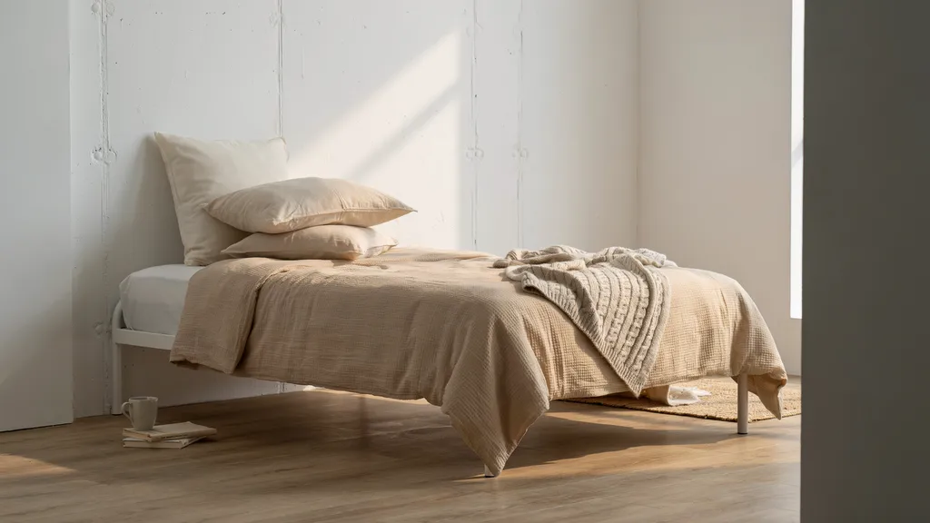 Styled twin XL dorm bed with oat waffle duvet, cream Euro pillow, and knit throw