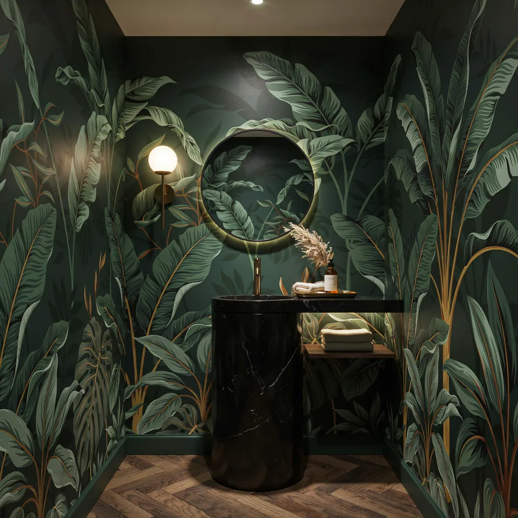 Botanical wallpaper in a small powder room