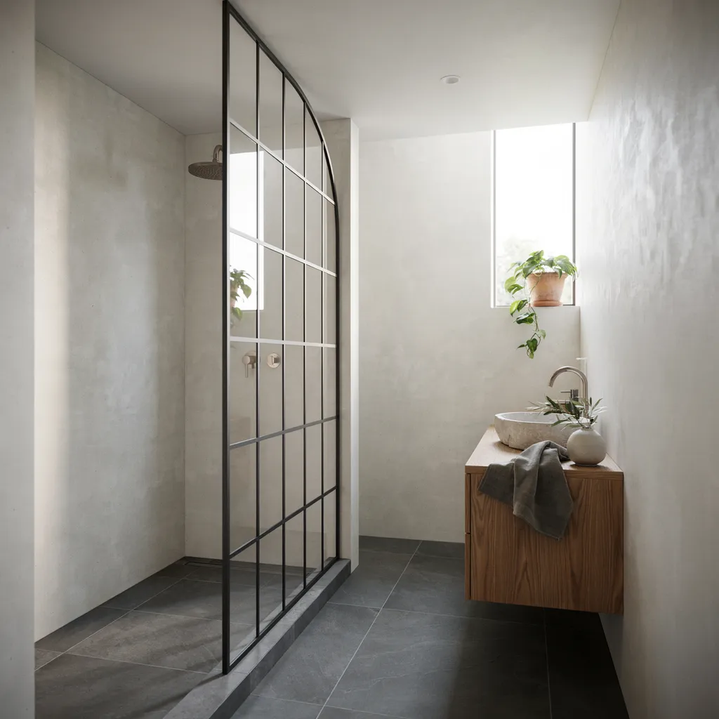 Arched black-framed glass shower screen