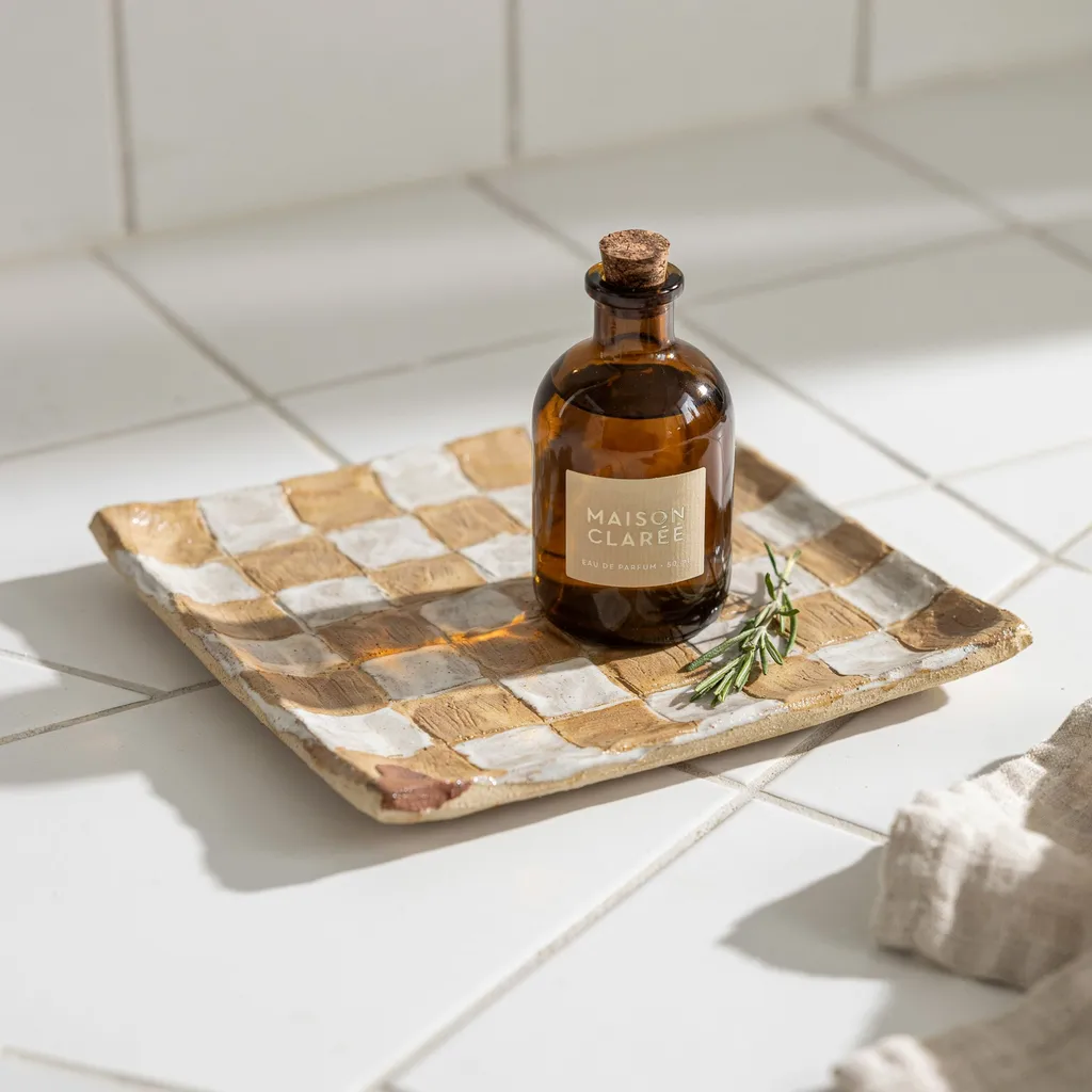 Checkerboard-painted clay tray with a glass bottle