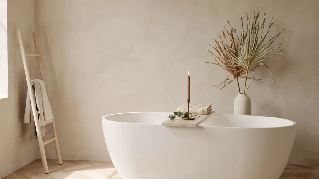 Styled freestanding bathtub with travertine tray, brass accents, and wood ladder