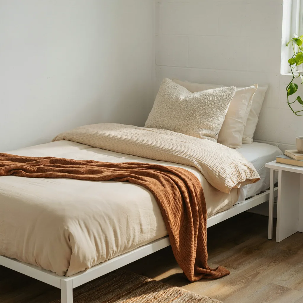 Tonal beige layered twin XL dorm bed with cream sheet, sand duvet, and caramel throw
