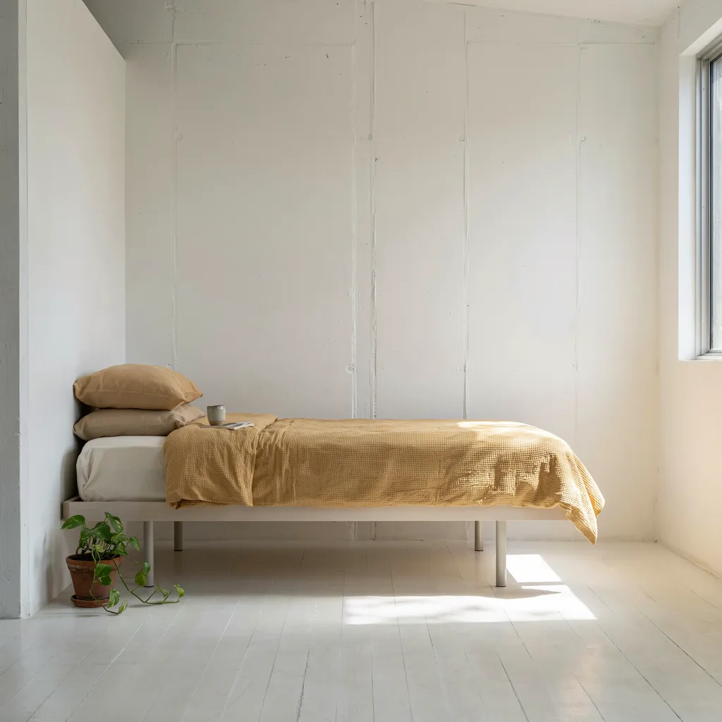 Extra-long cream linen bed skirt concealing storage under raised dorm bed frame