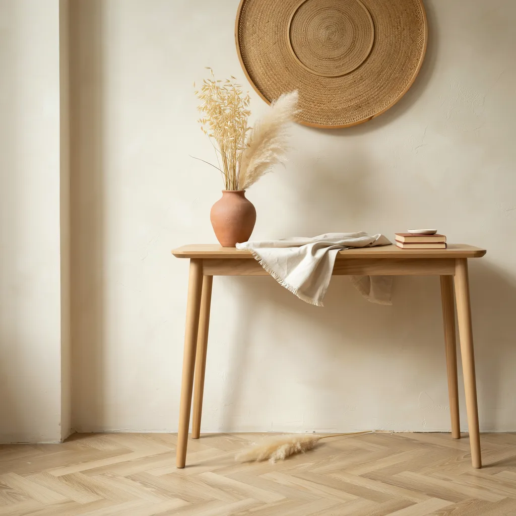 ash wood console table with dried wheat stems pampas grass and woven mirror entryway