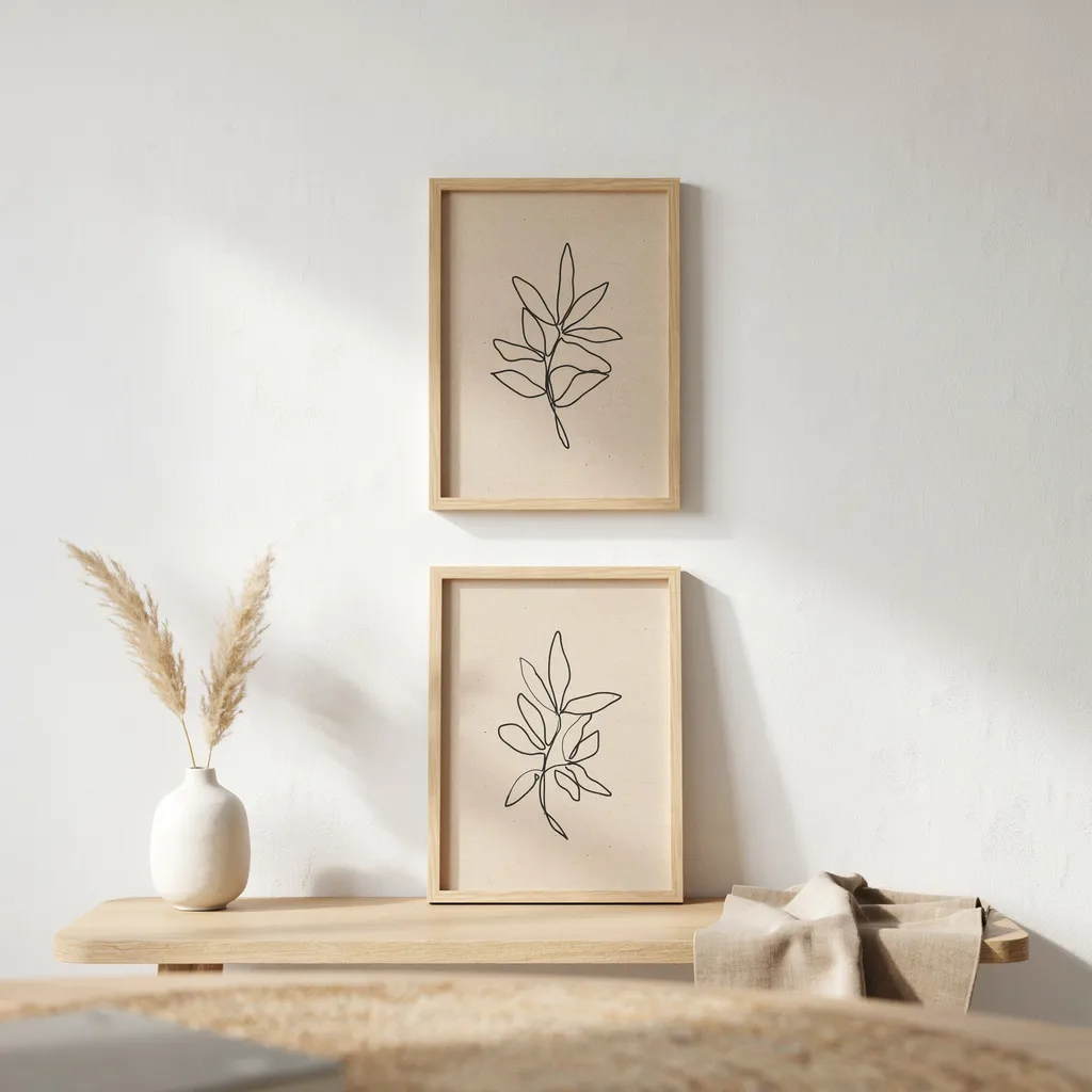 Minimalist line art in ash wood frames leaning against console table wall