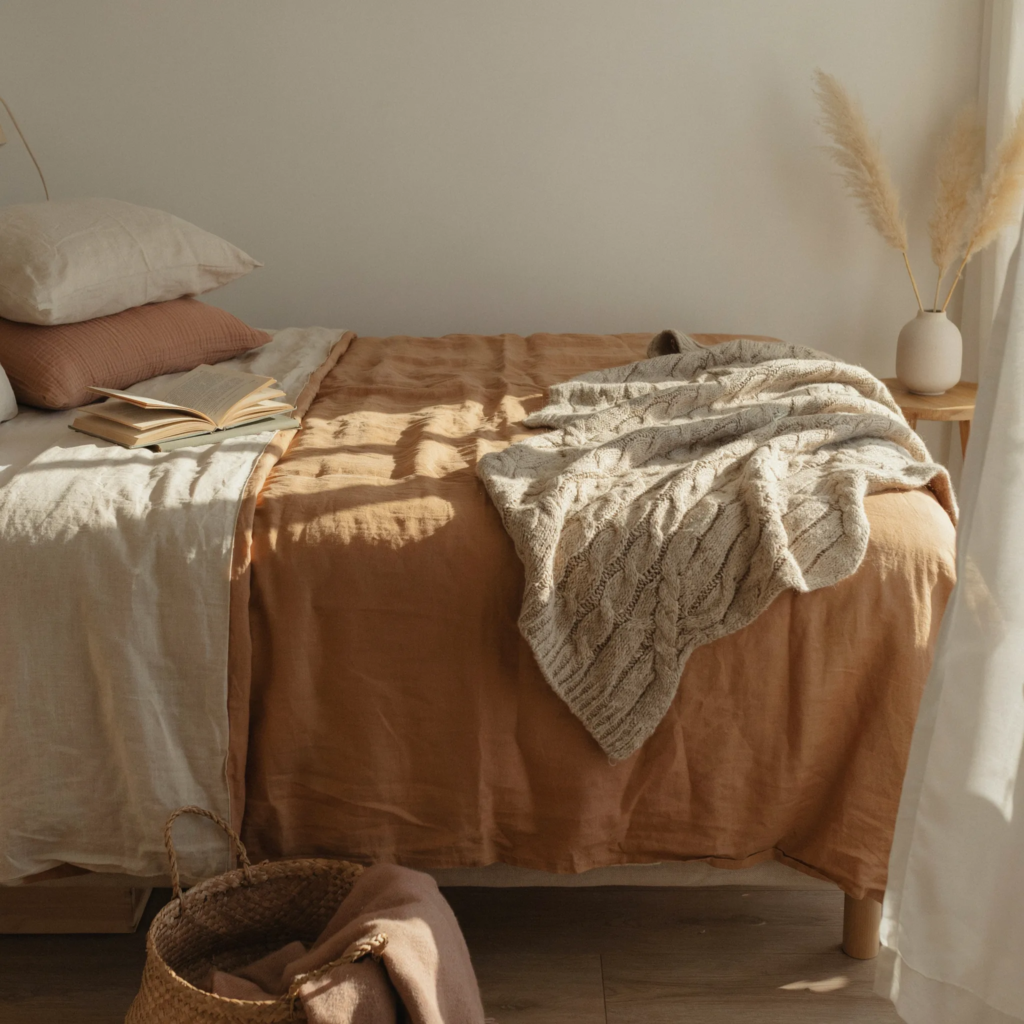 Layered amber flax linen bedding in cozy apartment bedroom