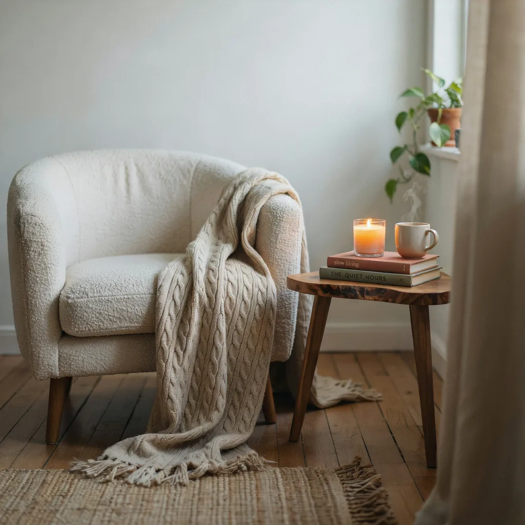 bouclé armchair self care reading nook cozy room aesthetic
