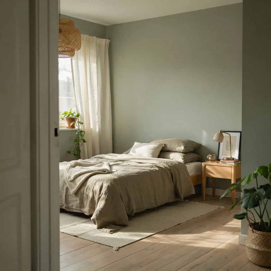 monochromatic sage green cozy bedroom aesthetic with linen bedding
