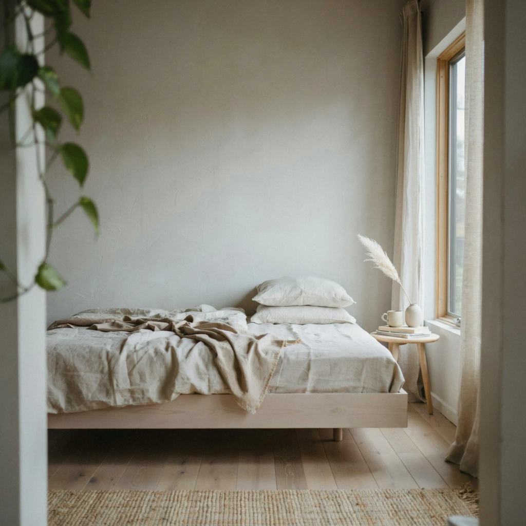 Low-profile white oak platform bed in warm apartment bedroom