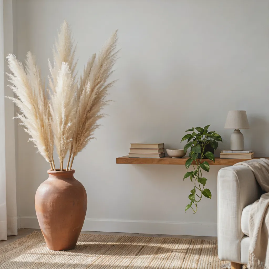 Dried pampas grass in terracotta vase living room corner decor