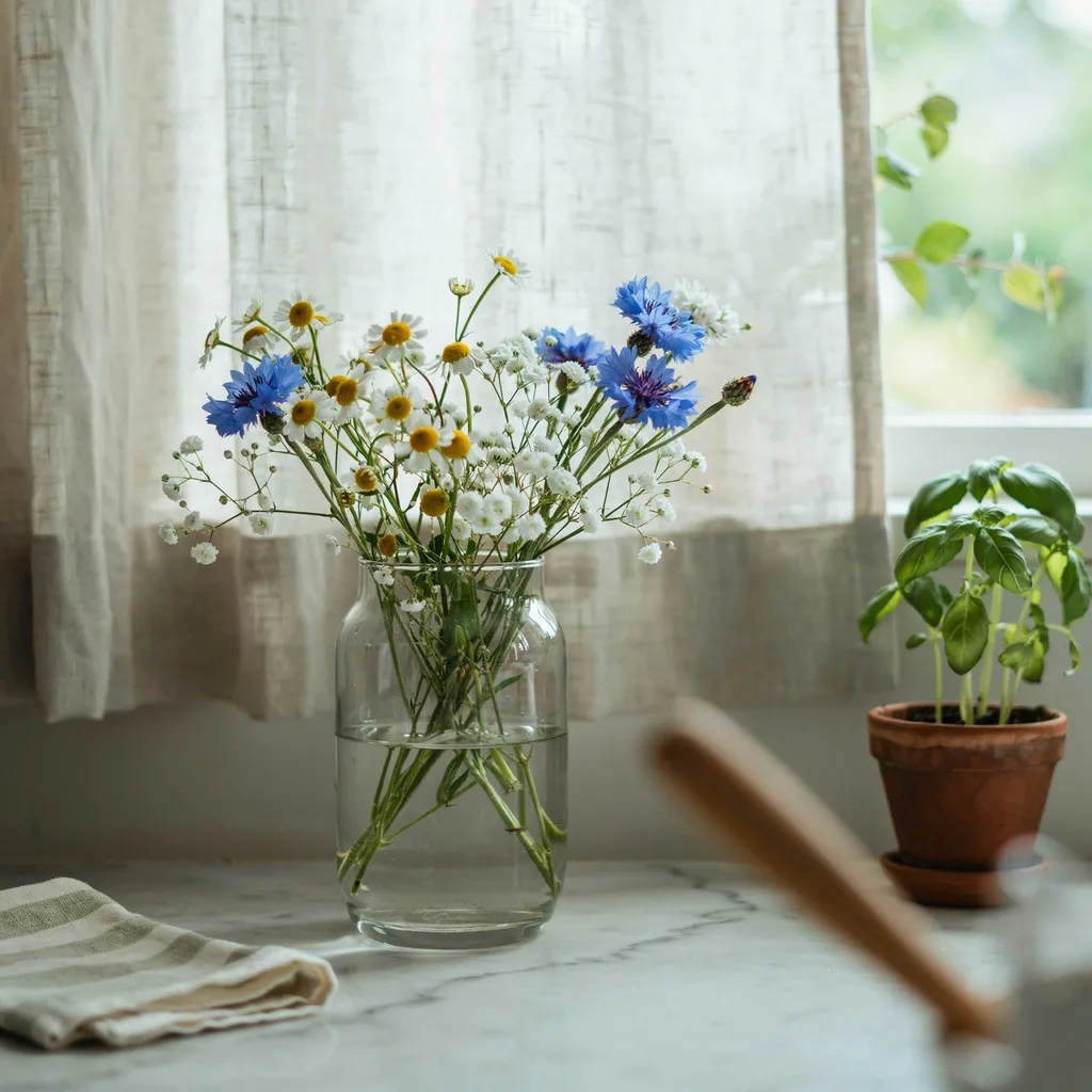 Fresh wildflowers in glass vase on kitchen windowsill