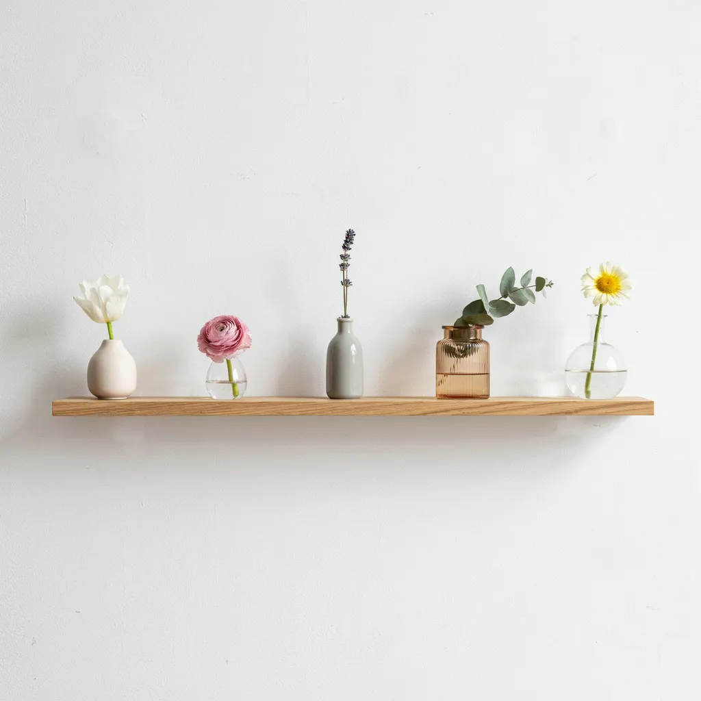 Single stem flowers in small bud vases on wooden shelf