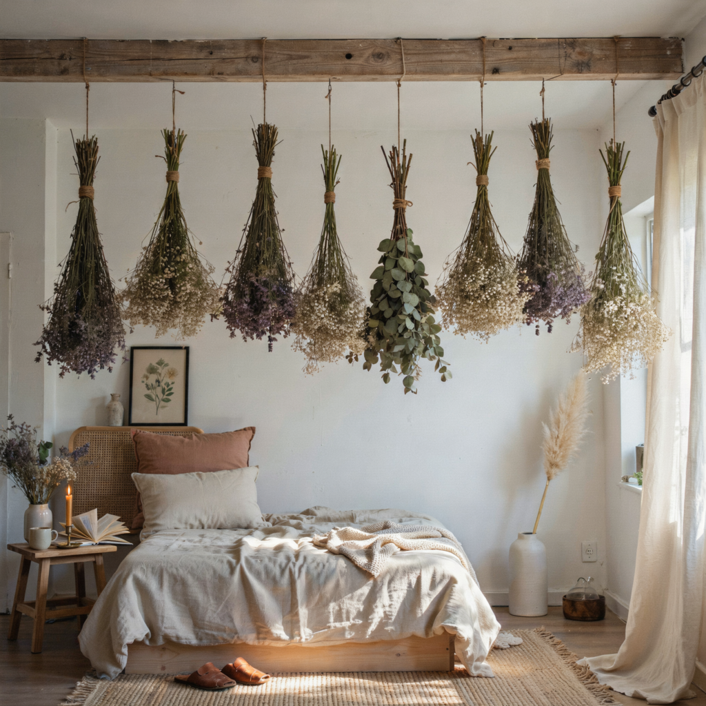 Hanging dried flower ceiling installation above bedroom bed