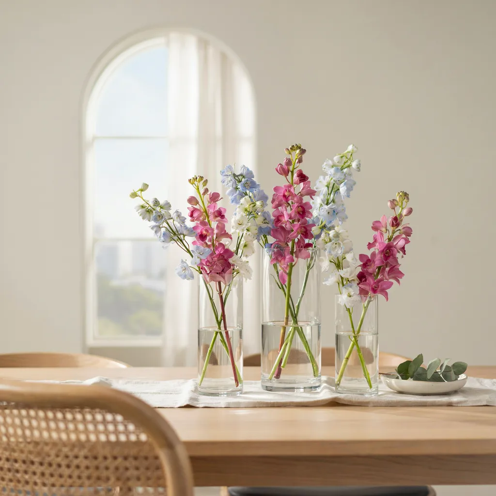 Submerged orchid stems in glass cylinder vase centerpiece