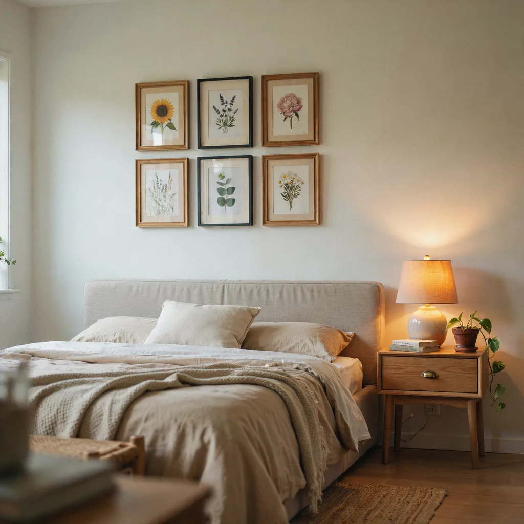 Botanical print gallery wall with framed flower art above bed