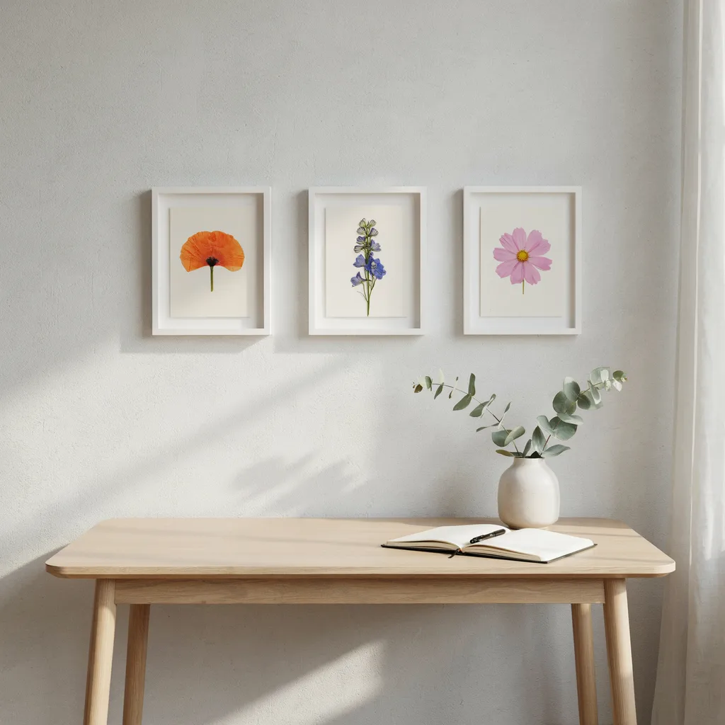 Pressed flower frames on bedroom wall minimal decor
