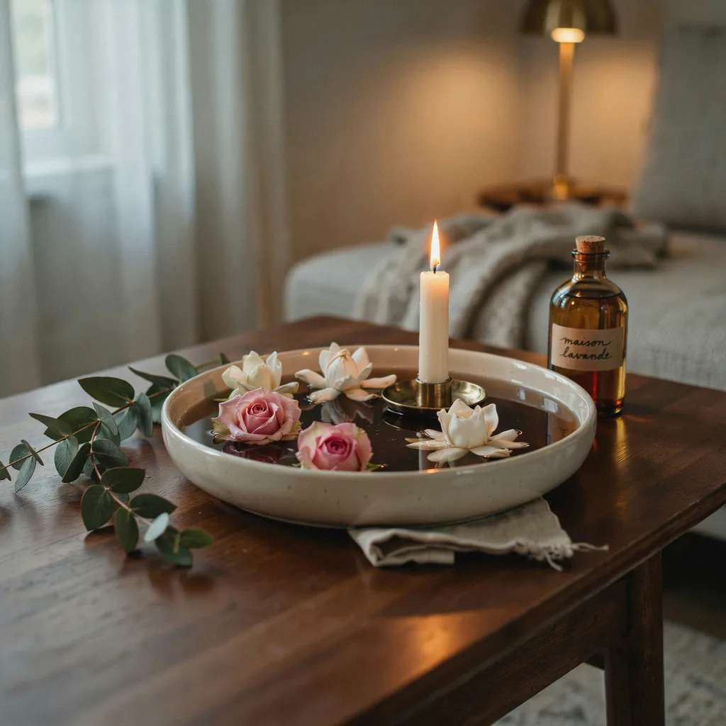 Floating flowers and candle in ceramic bowl coffee table