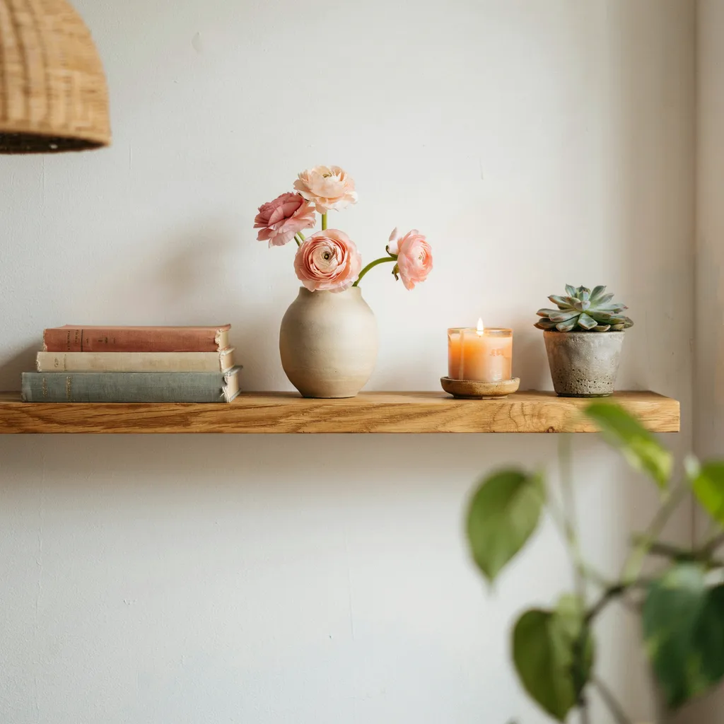 Flower shelf styling with books candle and bud vase