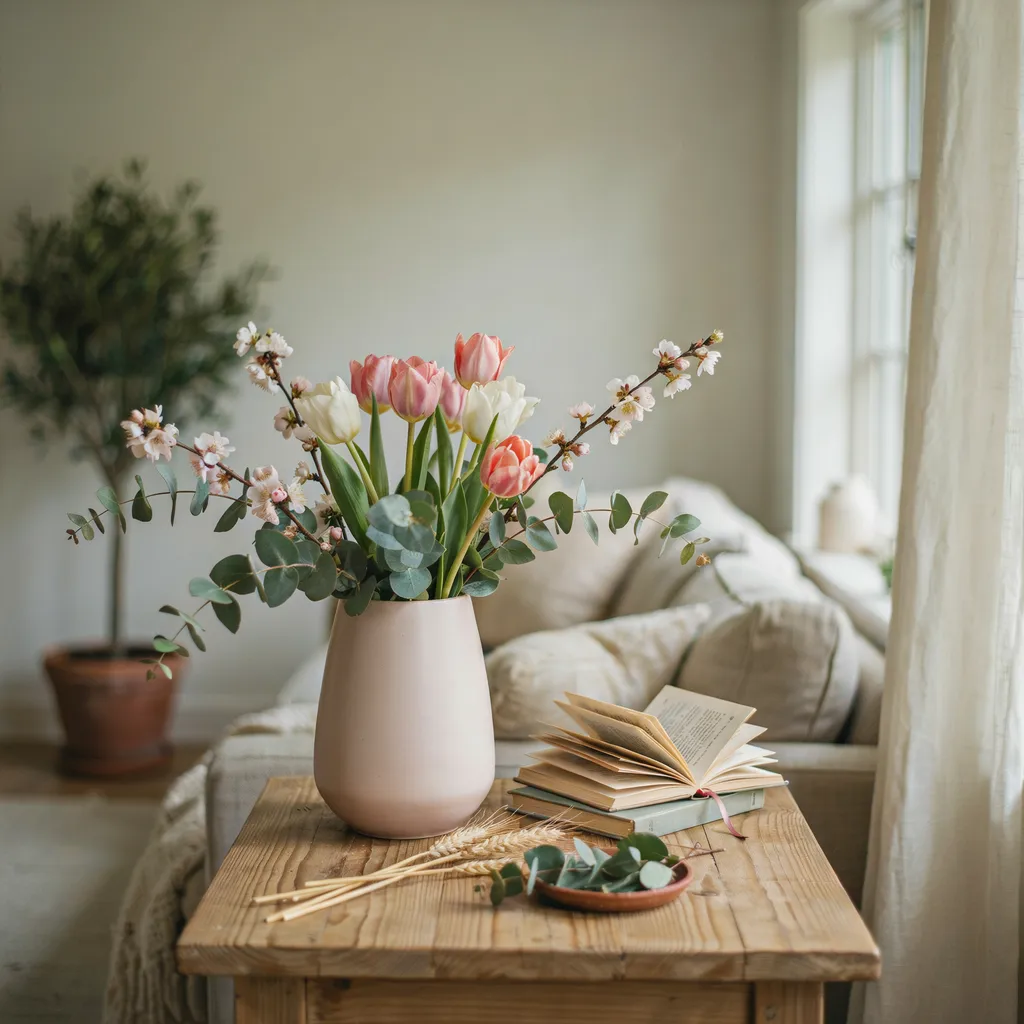 Seasonal spring flower arrangement with tulips in ceramic vase