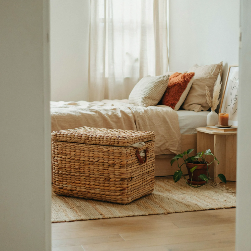 Woven seagrass storage chest at foot of apartment bed