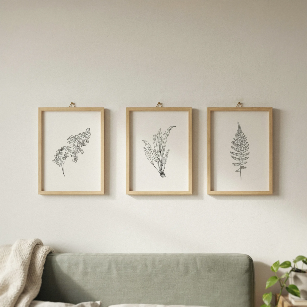 Minimalist botanical line art triptych on bedroom wall