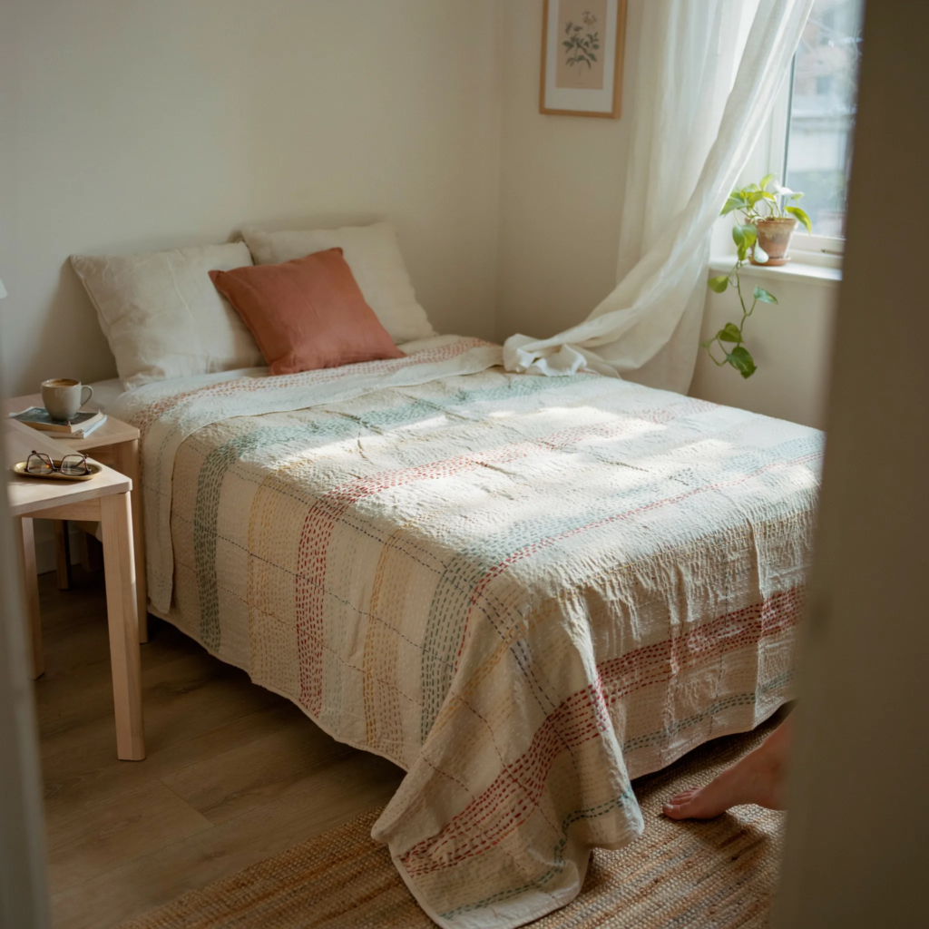 Upcycled vintage silk Kantha throw on warm apartment bed