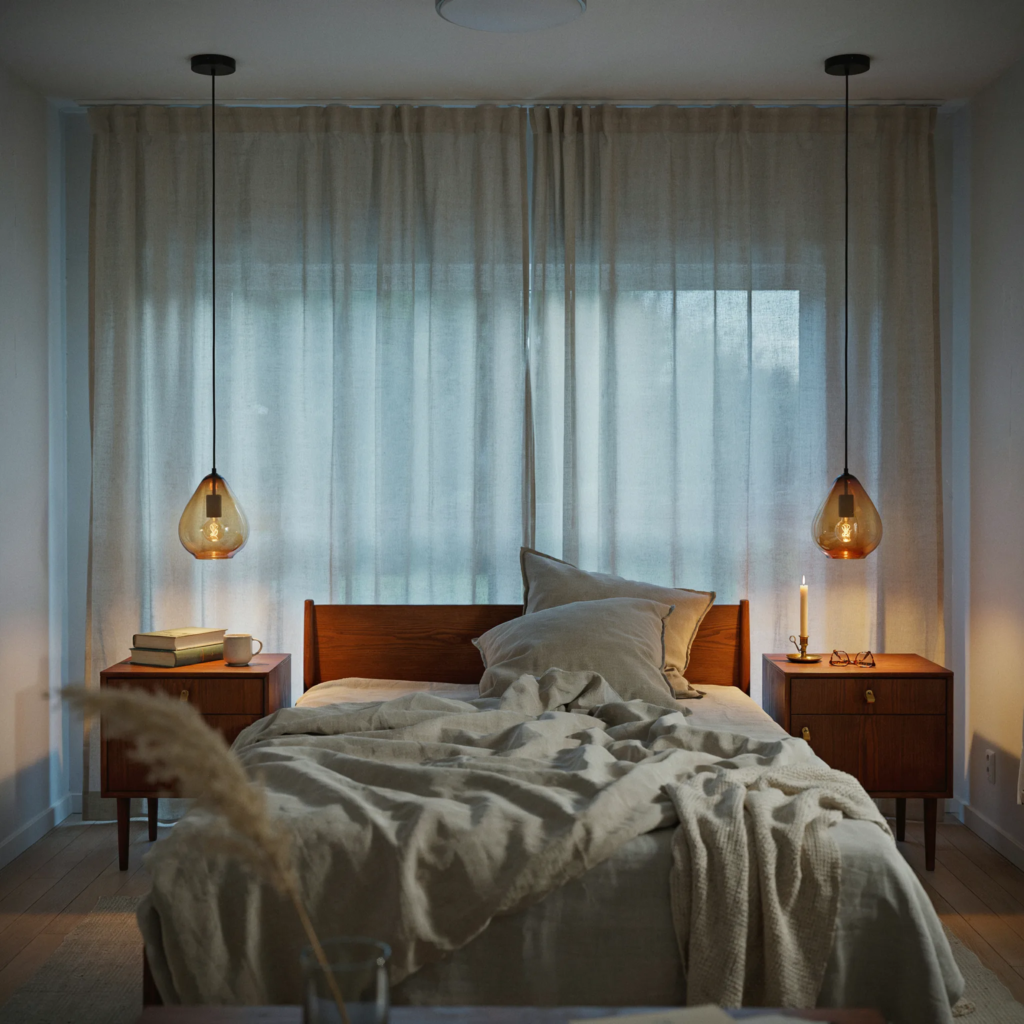 Hand-blown amber glass pendant lights beside cozy bed