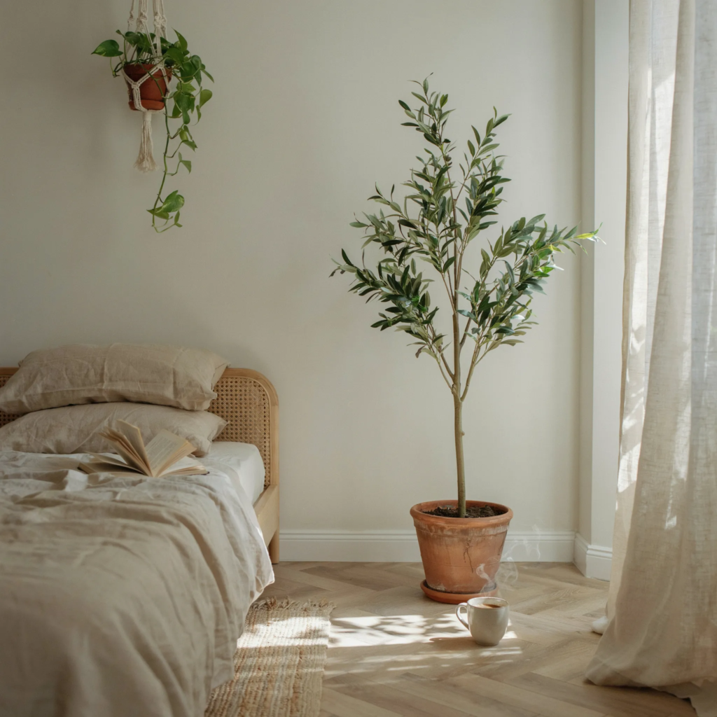 Tall indoor olive tree in clay pot beside apartment bed