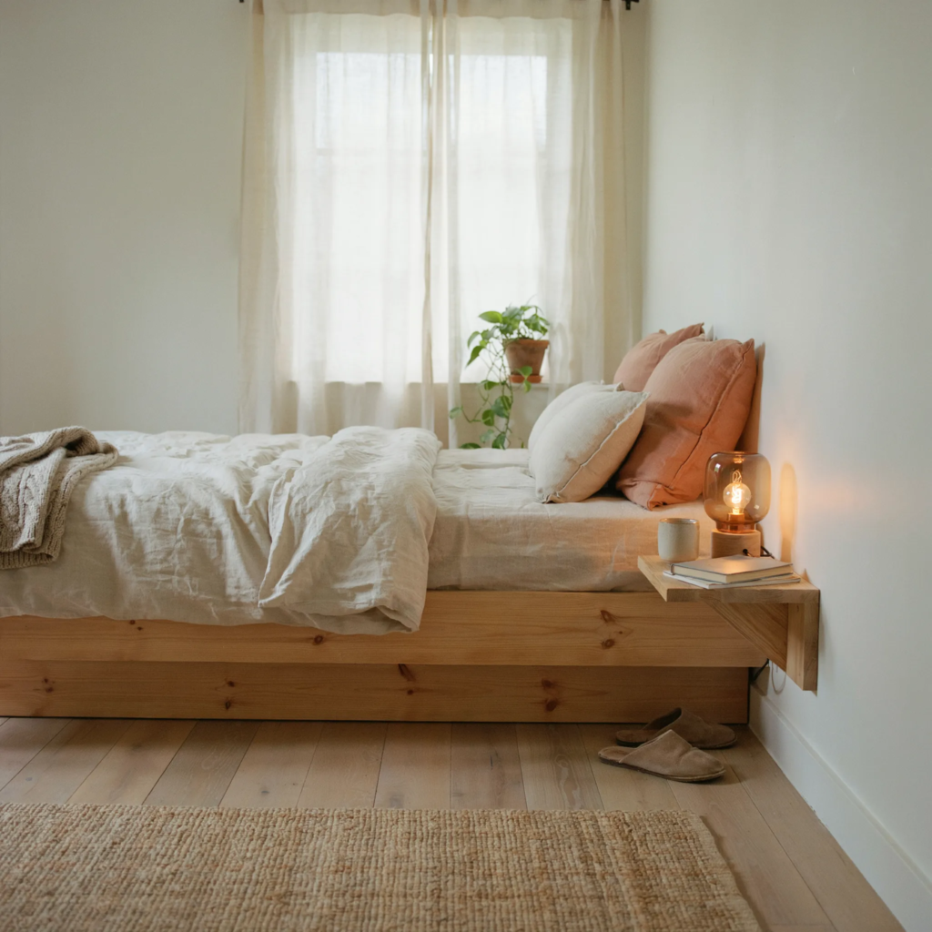 Low-profile raw oak platform bed with cream organic linen bedding in cozy warm bedroom aesthetic