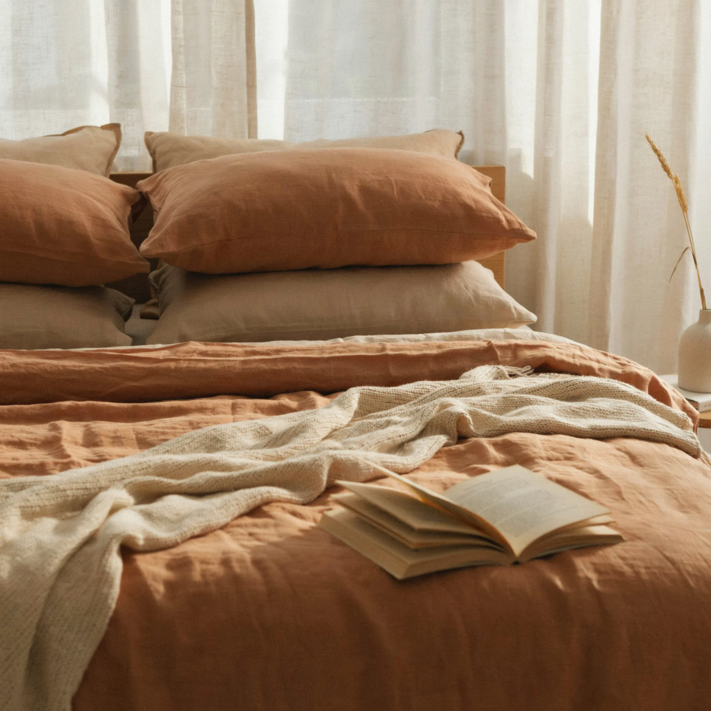 Layered sunset-toned organic linen bedding in terracotta and desert sand for warm bedroom aesthetic