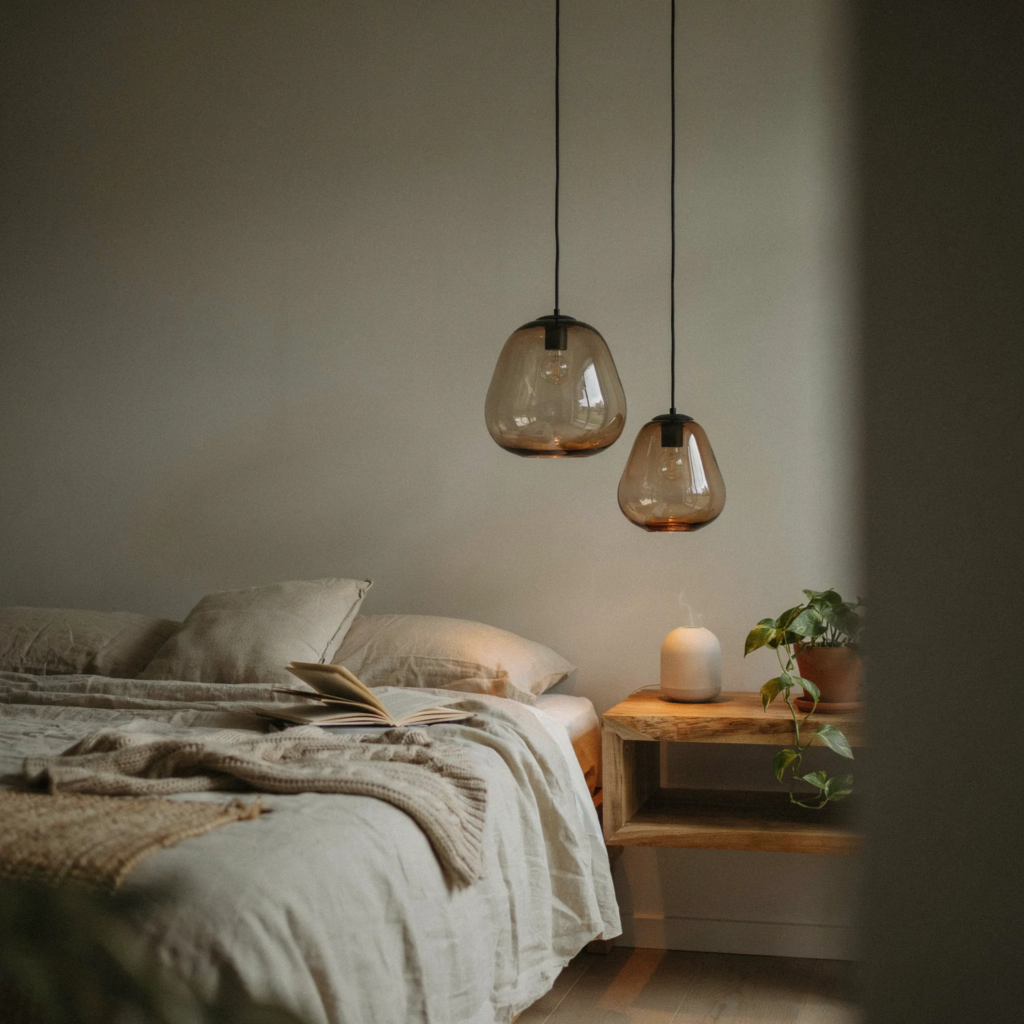 Hand-blown amber glass ceiling pendant lights above linen bedding in cozy bedroom aesthetic